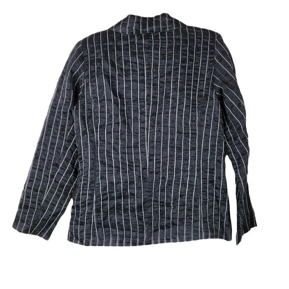 Chico's Size 2 Large Crinkle Linen Blend Jacket Blazer Lined Black White Striped - Picture 2 of 8